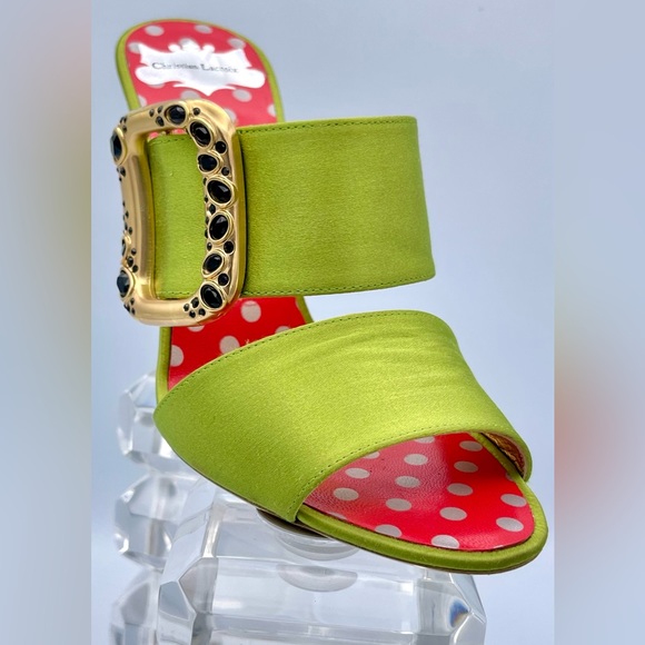 CHRISTIAN LACROIX ⚜️RARE NWT Green Satin Mule Stilettos Jeweled Gold Buckle 36.5 - Picture 15 of 15